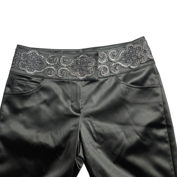St. John Evening Black Satin Embroidered Waist Pants Size: 8 - Picture 2 of 8